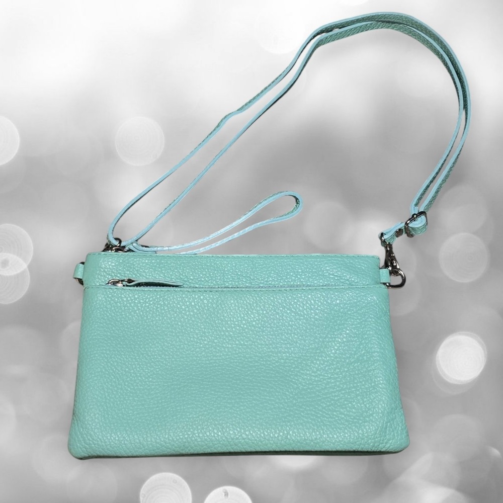 Made in Italy Women Genuine Leather Pebbled Crossbody Wristlet Mint Green Small